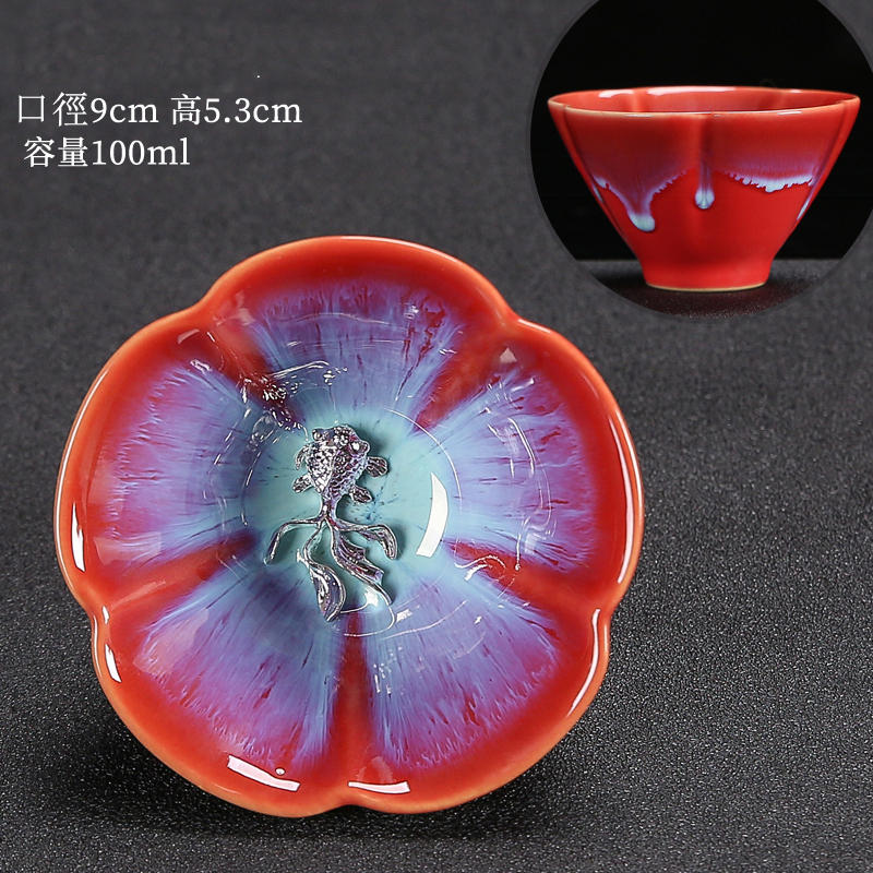 Hot style Tianmu glaze kiln turned into a master cup tea cup handmade silver tea cup (kiln turned red - koi)