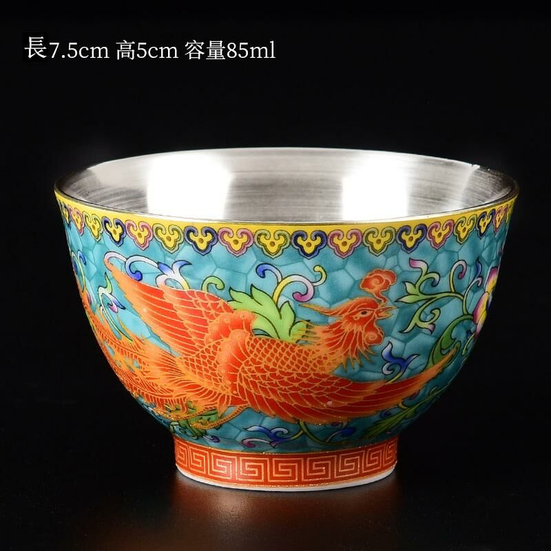 Hot style Chinese enamel tea cup dragon and phoenix cup silver cup (sapphire blue phoenix - sterling silver liner)