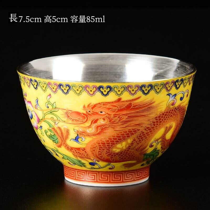 Popular Chinese style enamel tea cup dragon and phoenix cup silver cup (gem Huang Xianglong - sterling silver liner)