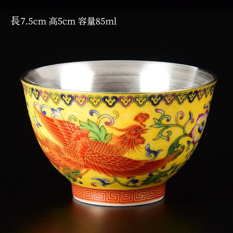 Popular Chinese style enamel tea cup dragon and phoenix cup silver cup (gem yellow phoenix - sterling silver liner)
