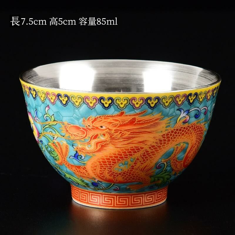 Popular Chinese style enamel tea cup dragon and phoenix cup silver cup (sapphire blue auspicious dragon - sterling silver liner)