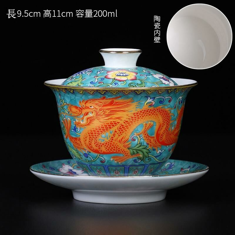 Popular Chinese style enamel tea cup, dragon and phoenix cup, silver cup (sapphire blue auspicious dragon cover bowl - ceramic liner)