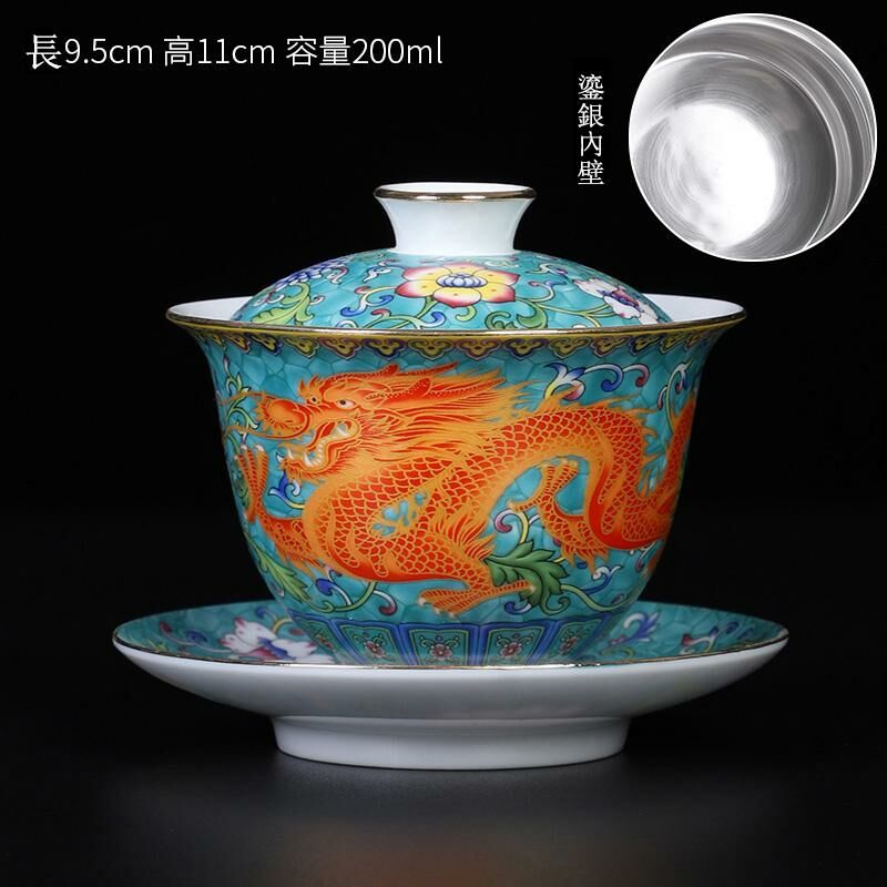 Popular Chinese style enamel teacup dragon and phoenix cup silver cup (sapphire blue auspicious dragon cover bowl - sterling silver liner)