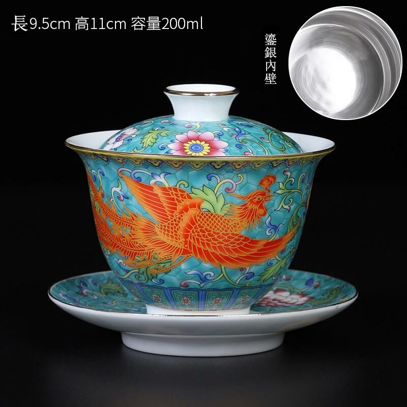 Popular Chinese style enamel teacup dragon and phoenix cup silver cup (sapphire blue phoenix bowl - sterling silver liner)
