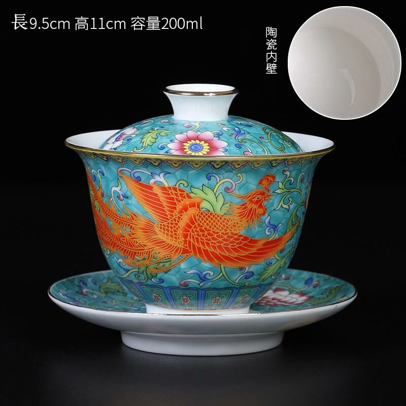 Popular Chinese style enamel tea cup, dragon and phoenix cup, silver cup (sapphire blue phoenix bowl - ceramic liner)