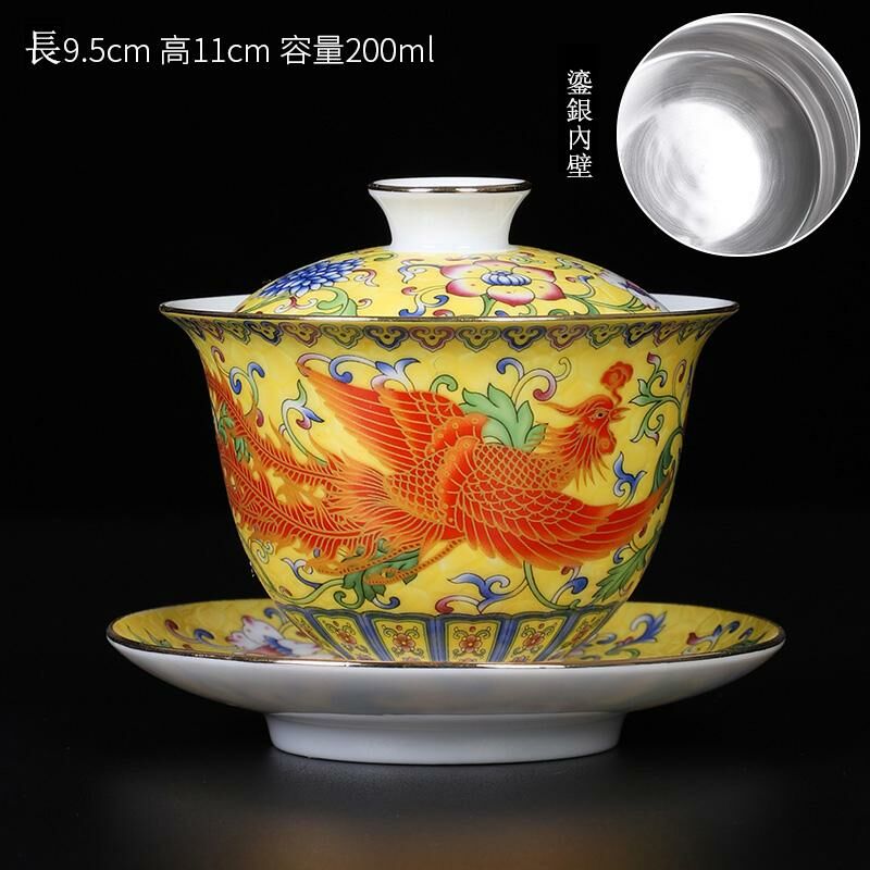 Popular Chinese style enamel teacup dragon and phoenix cup silver cup (gem yellow phoenix tureen - sterling silver liner)