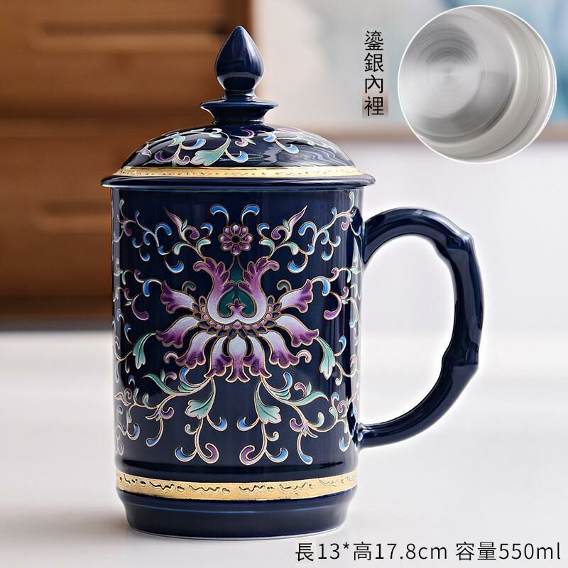 Popular office ceramic cup with lid, mug, water cup, silver cup (the icing on the cake is blue - Rich Cup 500ml (sterling silver liner))