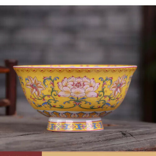 Popular ceramic high-footed rice bowl (yellow bottom lotus 6-inch tall rice bowl)