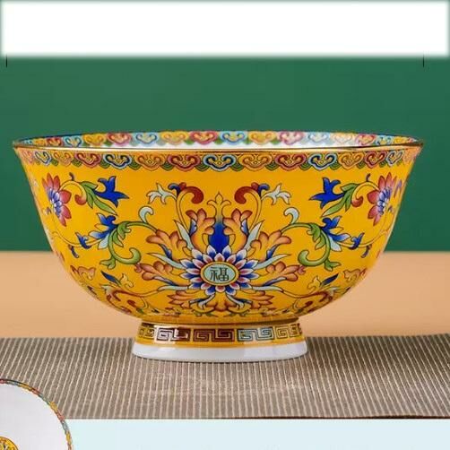 Popular ceramic high-leg enamel bone china bowl (6-inch noodle bowl [Emperor Yellow with gold rim], diameter about 15.5cm)