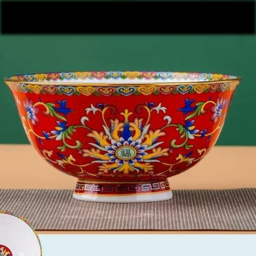 Popular ceramic high-leg enamel bone china bowl (4.5-inch rice bowl [gold-rimmed vermilion red], diameter about 12cm)