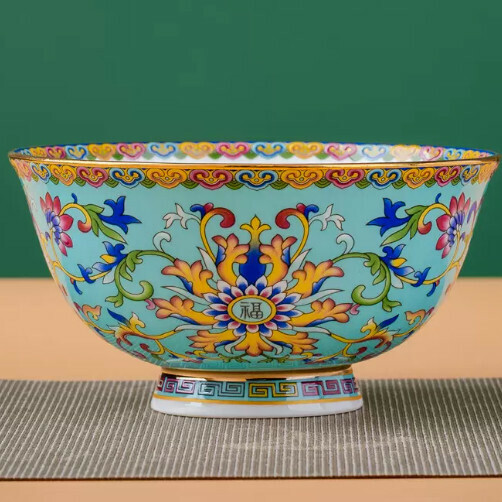 Popular ceramic high-leg enamel bone china bowl (6-inch noodle bowl [Gold-rimmed Xizi Blue], diameter about 15.5cm)
