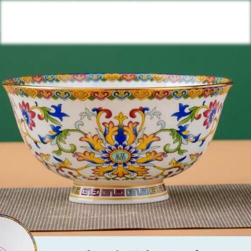 Popular ceramic high-leg enamel bone china bowl (6-inch noodle bowl [gold-rimmed white jade], diameter about 15.5cm)