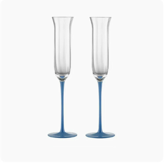 Hot Recommendation [Pack of 2] Household Tall Champagne Glasses (Vertical Ribbed Blue Stem-130ml)