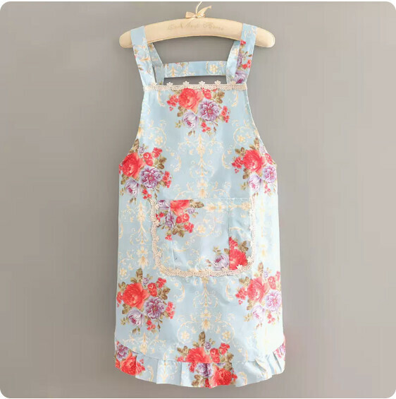 Hotly recommended pure cotton style apron [lined with European style large floral straps sky blue] [Specification: 70*90CM]