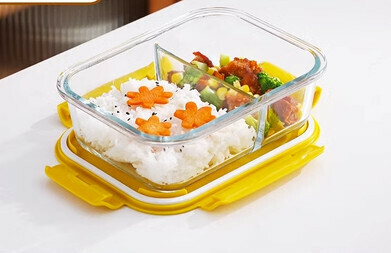 新款玻璃飯盒密封帶蓋保鮮盒(規格:（雲雀黃）長方形700ML二分格）
