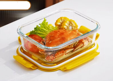 新款玻璃飯盒密封帶蓋保鮮盒(規格:（雲雀黃）長方形1100ML無格）