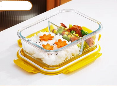 新款玻璃飯盒密封帶蓋保鮮盒(規格:（雲雀黃）長方形1080ML二分格）