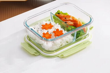 新款玻璃飯盒密封帶蓋保鮮盒(規格:（北歐綠）長方形700ML二分格）