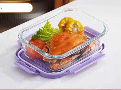 新款玻璃飯盒密封帶蓋保鮮盒(規格:（木槿紫）長方形1100ML無格）