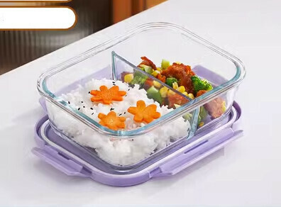 新款玻璃飯盒密封帶蓋保鮮盒(規格:（木槿紫）長方形1080ML二分格）