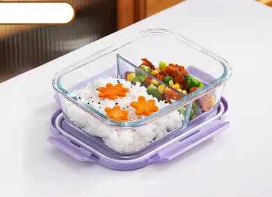 新款玻璃飯盒密封帶蓋保鮮盒(規格:（木槿紫）長方形700ML二分格）
