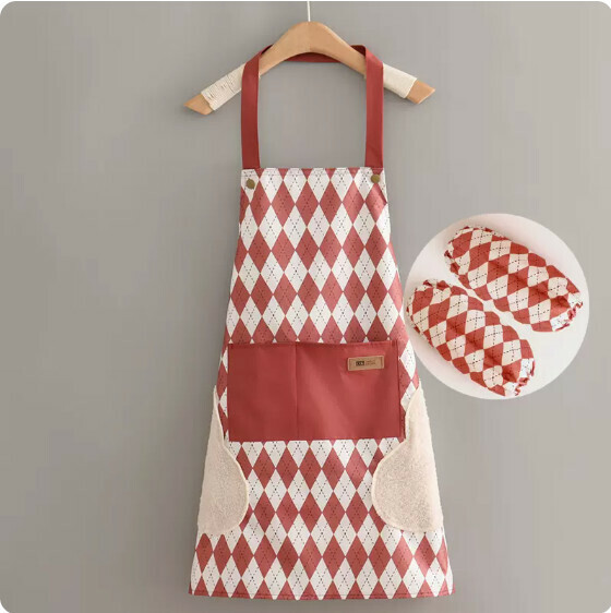 New apron [hand-wiping waterproof halterneck X rhombus A version leather red + sleeves] [Specification: 70*70CM]