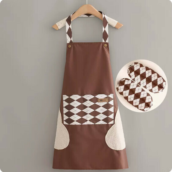 New apron [hand-wiping waterproof halterneck X rhombus B version coffee + sleeves] [Specification: 70*70CM]