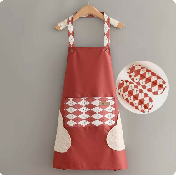 New apron [hand-wiping waterproof halterneck X rhombus B version leather red + sleeves] [Specification: 70*70CM]