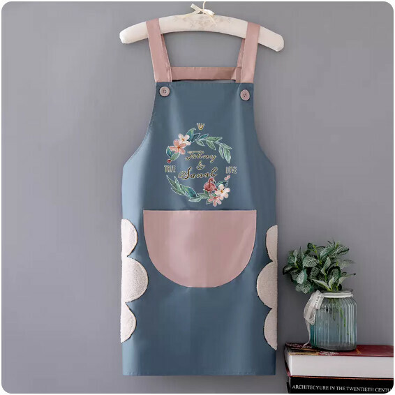 New apron [Hand-wipe waterproof suspender wreath bird blue with pink] [Specification: 72*68CM]