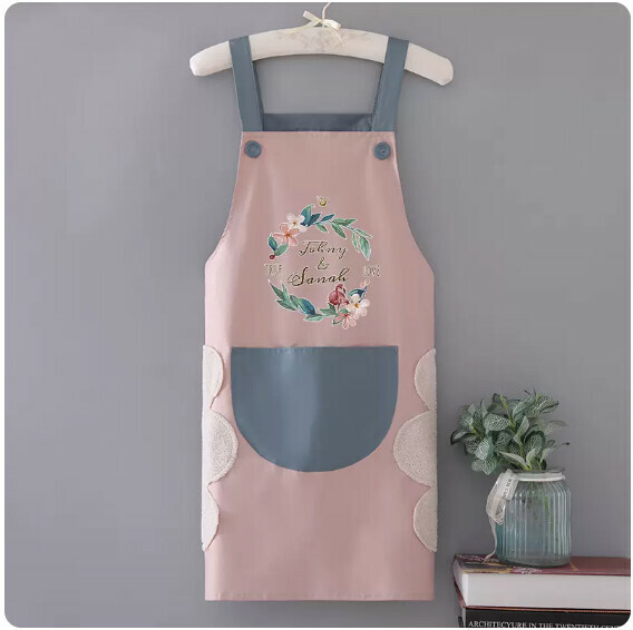 New apron [hand-wiping waterproof suspender wreath bird pink with blue] [Specification: 72*68CM]