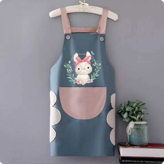New apron [hand-wiping waterproof suspender blue with pink headband rabbit] [Specification: 72*68CM]