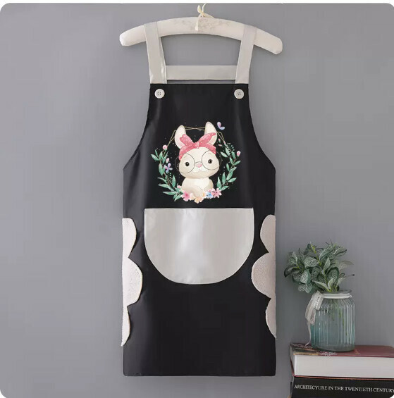 New apron [Hand-wipe waterproof suspender black with gray headband rabbit] [Specification: 72*68CM]