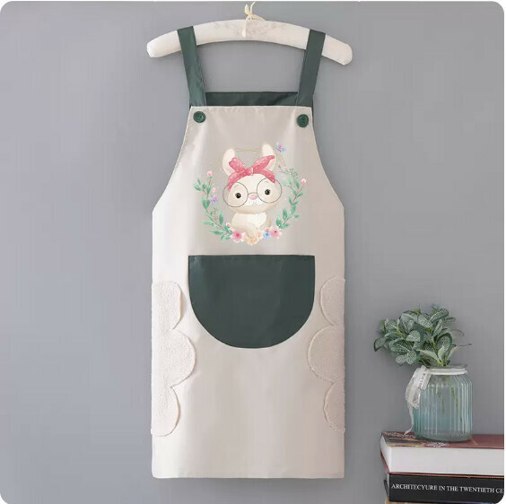 New apron [Hand-wipe waterproof suspender gray with green rabbit headband] [Specification: 72*68CM]