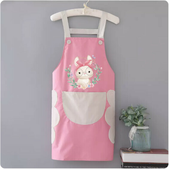 New apron [Hand-wipe waterproof suspender powder with gray headband rabbit] [Specification: 72*68CM]