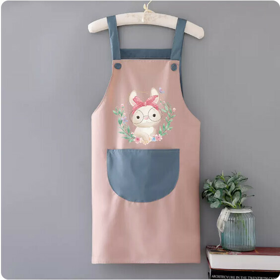 New apron [waterproof back powder with blue headband rabbit] [specification: 72*68CM]