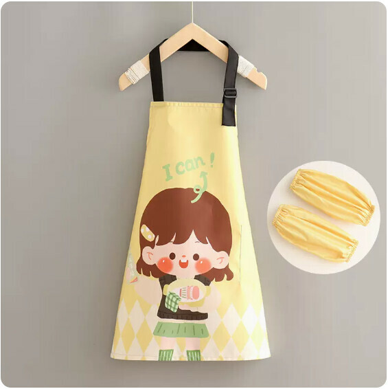 New children's apron [adjustable children's environmentally friendly dishwashing girl's halter neck + sleeves] [Specification: 57*47CM]