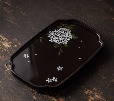 新款復古重竹茶點盤(繡球花)(尺寸:長28CM*寬18CM*高2CM)