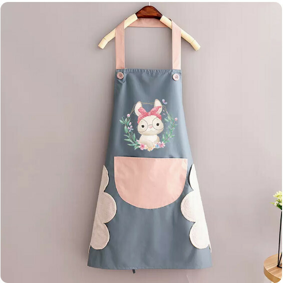 New apron [hand-wipeable - waterproof halterneck blue with pink headband rabbit] [Specification: 70*90CM]
