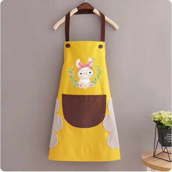 New style apron [hand-wipeable - waterproof halterneck yellow with coffee headband rabbit] [Specification: 70*90CM]