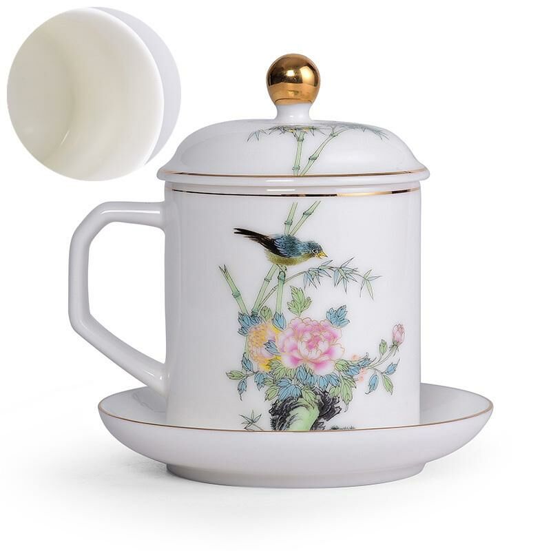 Hot recommendation office ceramic cup with lid tea cup (birds singing and flowers fragrant (ceramic liner))