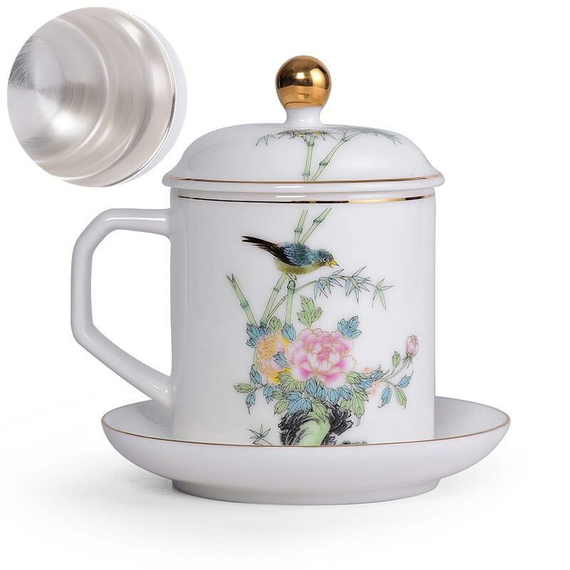 Hot recommendation office ceramic cup with lid tea cup (birds singing and flowers fragrant (sterling silver liner))