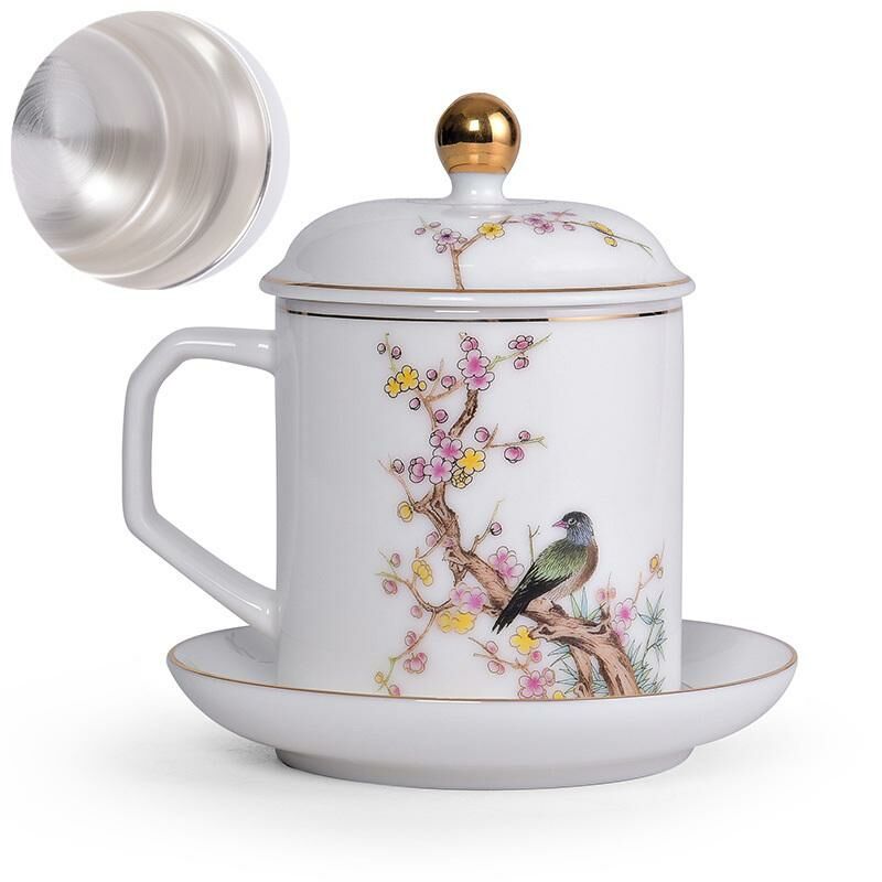 Hot recommended office ceramic cup with lid for tea making (snow-shaped plum bone (sterling silver liner))