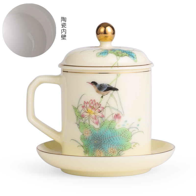 Hot recommended office ceramic cup with lid for tea making (beeswax yellow-tender pistil beads (ceramic liner))