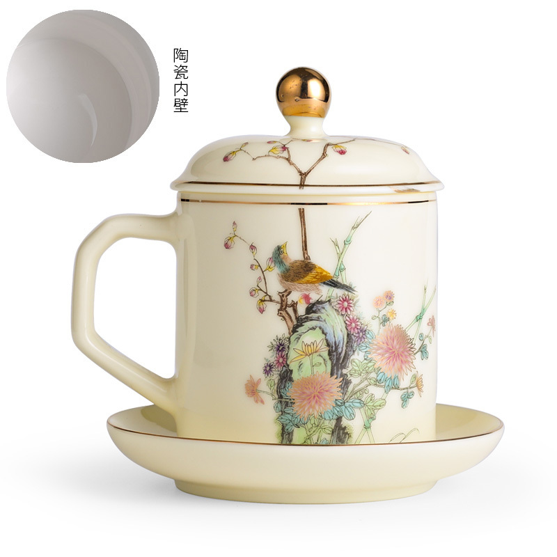 Hot recommended office ceramic cup with lid for tea making (Beeswax Yellow-Juzui Autumn Wind (ceramic liner))