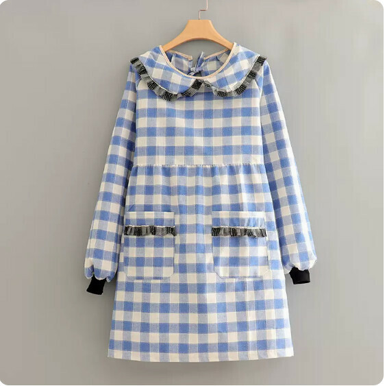 Hotly recommended pure cotton long-sleeved apron [J828 pure cotton edge lapel long-sleeved blue large check] [Specification: 115*98CM]