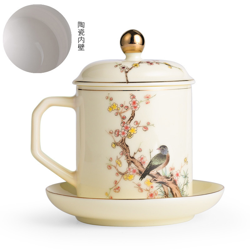 Hot recommended office ceramic cup with lid for tea making (beeswax yellow-snow tire plum bone (ceramic liner))
