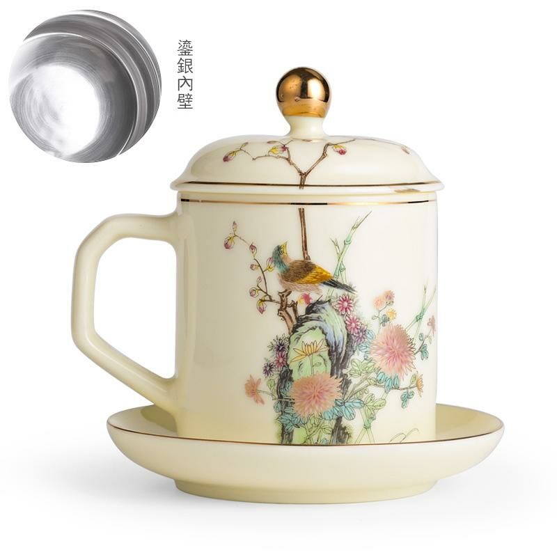 Hot recommended office ceramic cup with lid for tea making (Beeswax Yellow-Juzui Autumn Wind (Sterling Silver Liner))