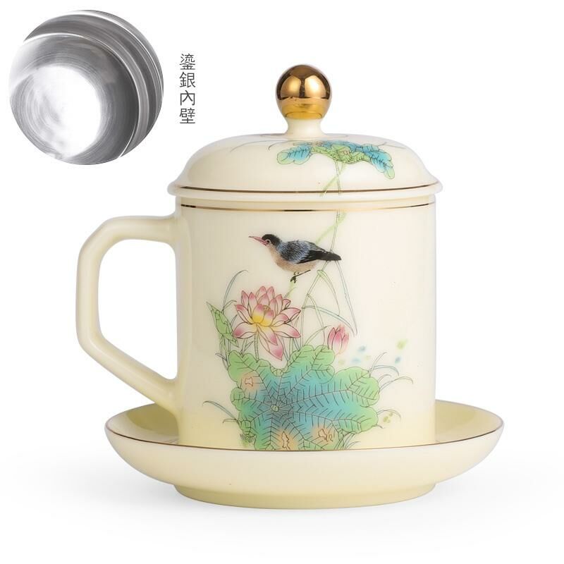 Hot recommended office ceramic cup with lid for tea making (beeswax yellow-tender pistil beads (sterling silver liner))