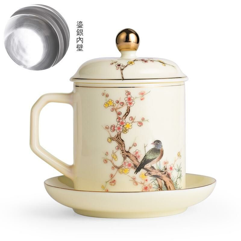 Hot recommended office ceramic cup with lid for tea making (beeswax yellow-snow tire plum bone (sterling silver liner))