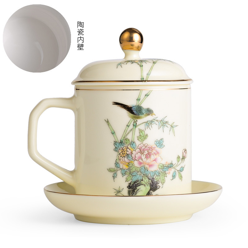 Hot recommended office ceramic cup with lid for tea making (beeswax yellow - birdsong and flowers (ceramic liner))